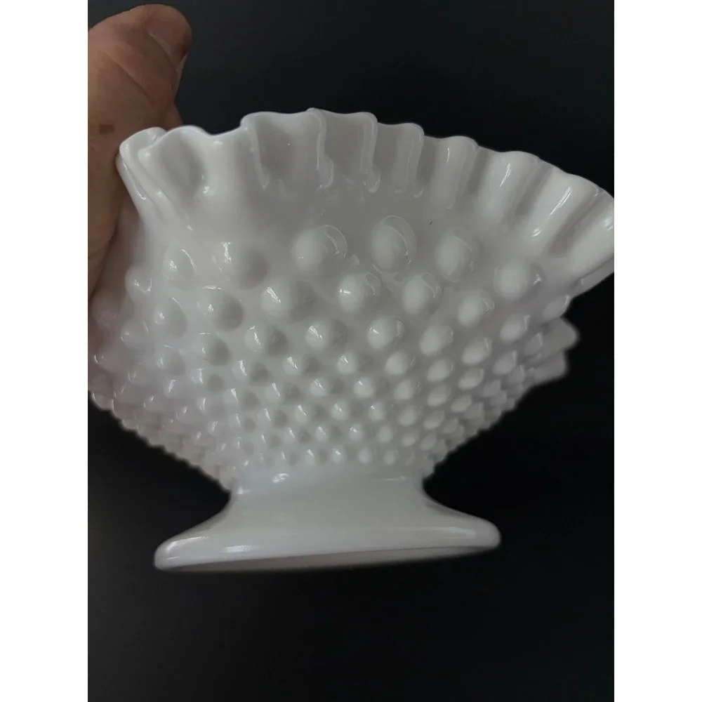 Fenton Hobnail | White Milk Glass | Ruffled Pedestal Candle Holder | Centerpiece